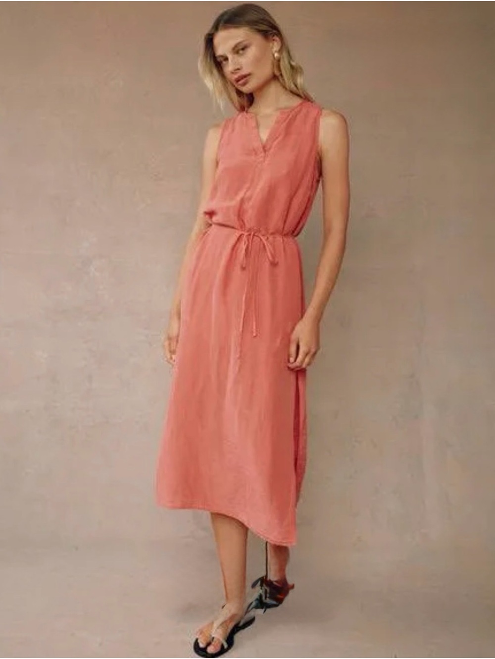 Bella Dahl Coral Sleeveless Midi Dress with Tie Waist